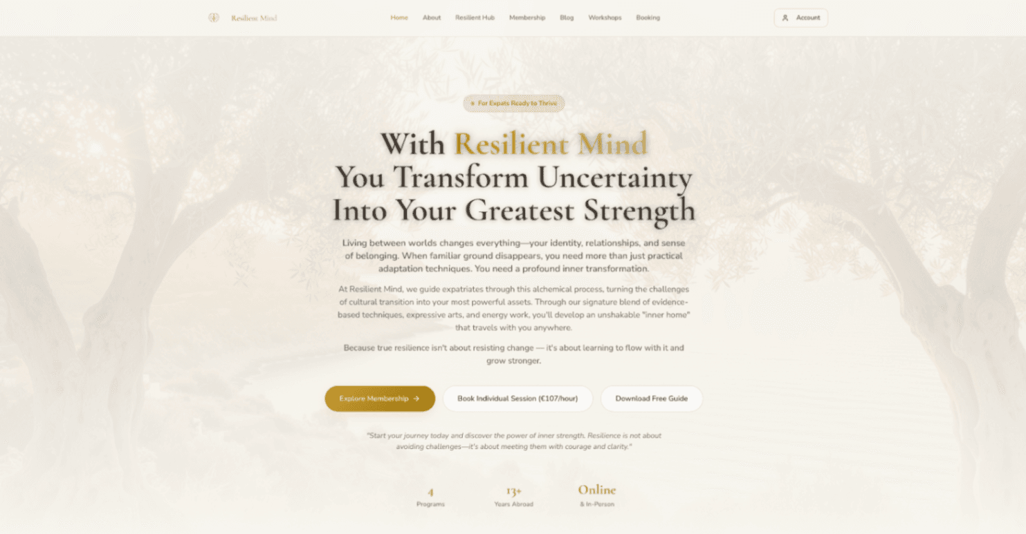 Resilient Mind – prémiový web pro koučink a membership pro expaty — po